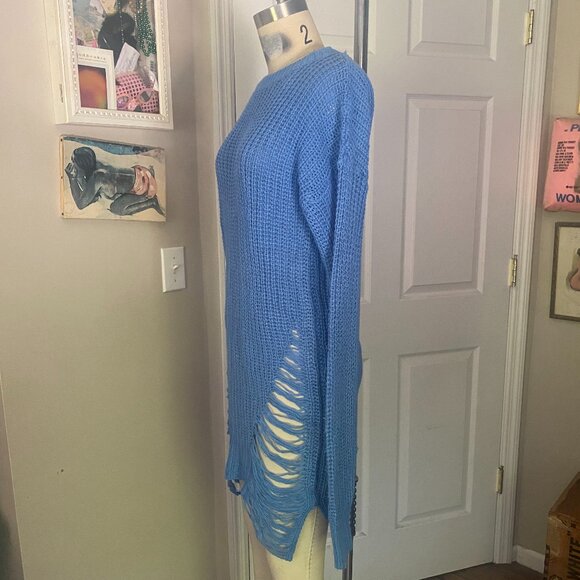 Love by CHESLEY Blue Cable-knit Light weight RIPPED Sweater Dress PUNK *SMALL* - Picture 3 of 7